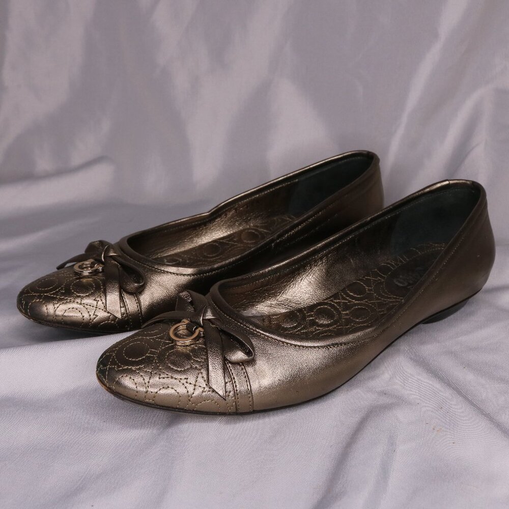 Salvatore Ferragamo Brown Metallic Quilted Ballet Flats Vara Bow Size 7.5